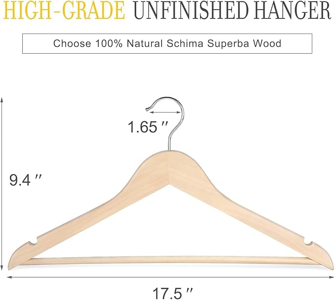 TOPIA HANGER Unfinished Natural Wooden Hangers 18 Pack-360° Swivel Hook and Smoothly Cut Shoulder Notches-Premium Wood Clothes Hangers for Suit, Coat, Jacket, Pant, Camisole-CT10N