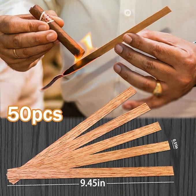 50 Spanish Cedar Wood Spills + 3 Cigar Humidor Bags， Cigar Lighting and Pipe Smoking Assessories and Humidor for Cigar Box Tray Jar and Case，Travel-Friendly(0.02"Thick)