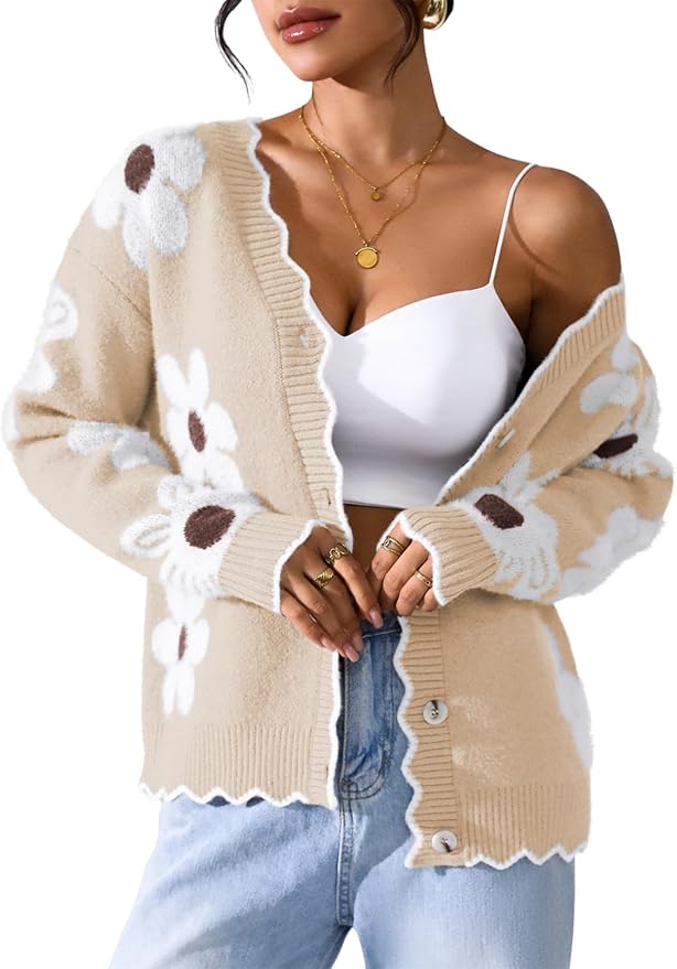 Pink Queen Fuzzy Sweater Cardigan for Women 2025 Fashion Long Sleeve Flower Outerwear Button Down Open Front Cardigan Coat