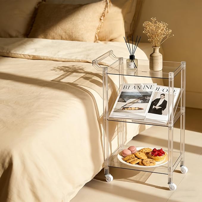 Acrylic-Style Utility Rolling Cart, 3-Tier Clear Storage Cart with Pulling Handle & 4 Wheels for Kitchen Living Room Dining Bathroom Laundry, Multifunction Serving Trolley for Small Spaces(Green)