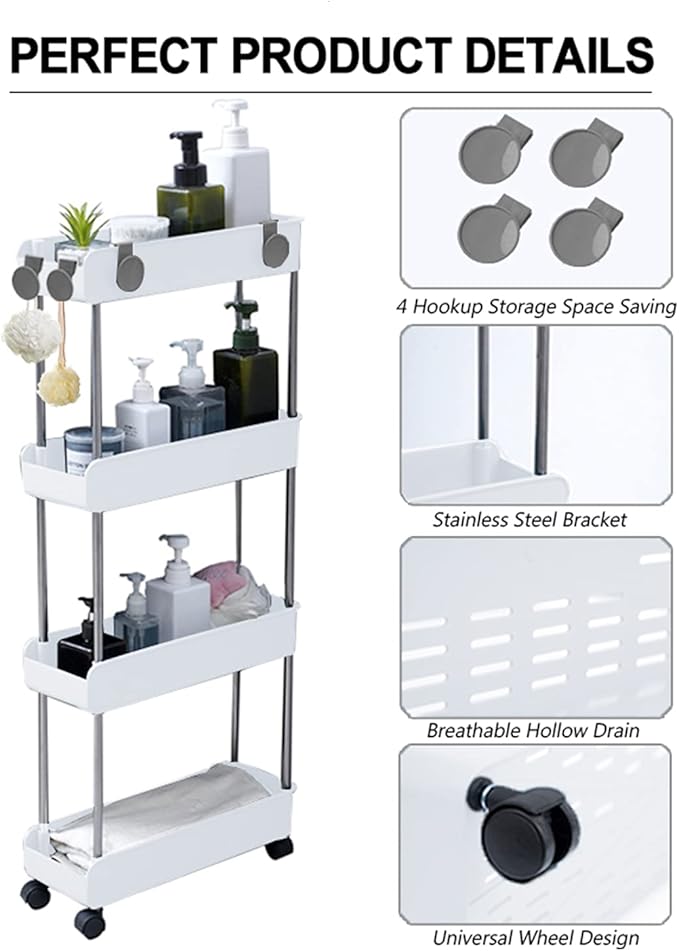 Melody House 4-Tier Slim Mobile Shelving Unit on Wheels, Slide Out Rolling Bathroom Storage Organizer, Utility Carts Shelf Rack for Kitchen Bathroom Laundry Room Narrow Places, White