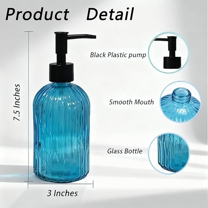 Blue Glass Dish Soap Dispenser, 13.5oz Refillable Liquid Hand Soap Dispenser, Lotion Dish Dispenser for Modern Home Decor, Kitchen Countertop, Bathroom, Hotel (2 Pack)
