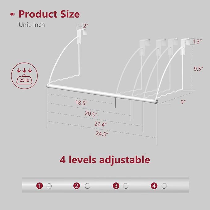 Tajsoon Over the Door Hanger Expandable & Adjustable, Over Door Clothes Hanger Rack for Towel & Coat, Bathroom Over Door Clothes Rack Hooks for Bedroom, Washroom, Fits Doors up to 1¾”, Metal, White