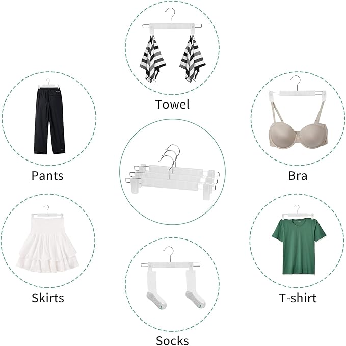 Skirt Hangers, Pants Hangers with Clips，360 ° Swivel Hooks Space Saving Hangers for Pants, Skirts, Clothes, Jeans (30 Pack, Translucent)