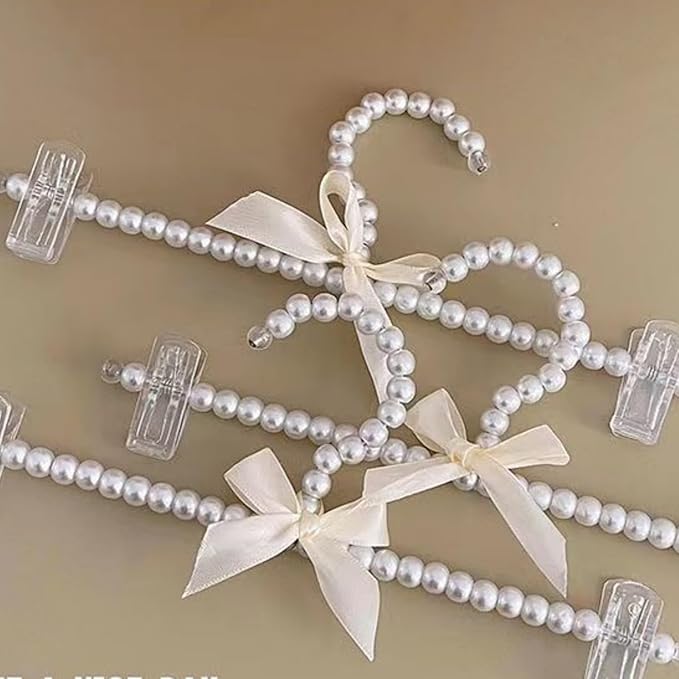 13 inch Pearl Hanger Pants Hangers with Clip,Cute Ribbon Bow Hanger Clip Hangers for Wedding Dress Bride Bridesmaid Lingerie (5, Beige)