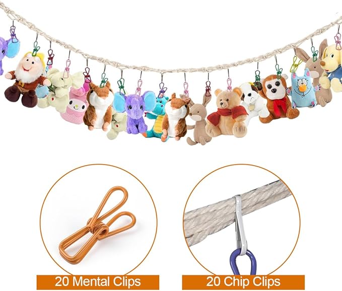 Stuffed Animal Storage Chain 78inch Hanging Stuff Animals Organizer with 20 Clips Macrame Wall Toy Storage Decor for Bedroom Display