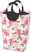 Floral Laundry Basket Flower Rose Laundry Hamper Pink Collapsible Baskets with Handle Dirty Clothes Bag Hamper for Dorm Family Bathroom Decor Storage 50L