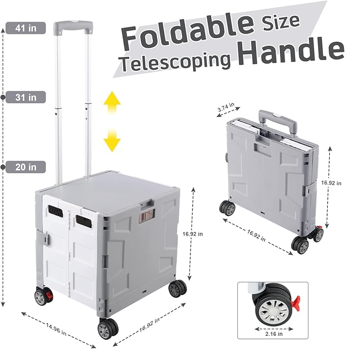 FELICON Folding Utility Cart Portable Rolling Crate Handcart with Durable Heavy Duty Plastic Telescoping Handle Collapsible Hidden Lid 4Rotate Wheels for Travel Shop Move Office Teacher(Gray&White)