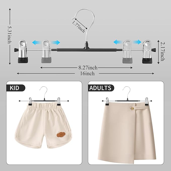 HUADYMEET 16 Inch Extended-Length Pants Skirt Hangers Non-Slip,50 Pack Adjustable Jeans Trousers Shorts Metal Clothes Hangers with Clips for Men Women, Strong Durable Heavy Duty Space Saving(Black)