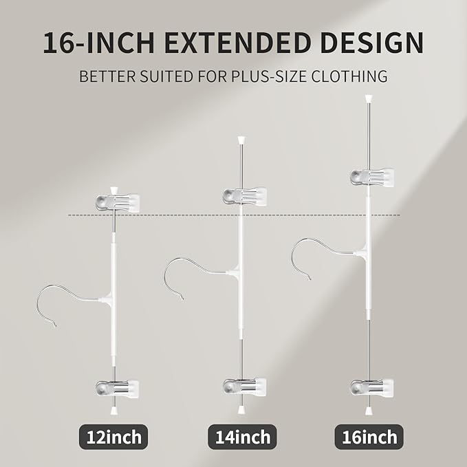 HUADYMEET 16 Inch Extended-Length Pants Skirt Hangers Non-Slip,50 Pack Adjustable Jeans Trousers Shorts Metal Clothes Hangers with Clips for Men Women, Strong Durable Heavy Duty Space Saving(White)
