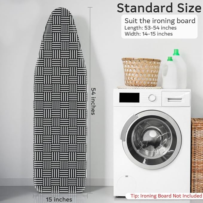 FIOBEE Ironing Board Cover and Pad Extra Thick Iron Board Pad with Heat-Resistant Mesh Padded Iron Board Covers Adjustable Buckle & Elastic Edges for 15x54 Standard Size Ironing Board, Black Stripe
