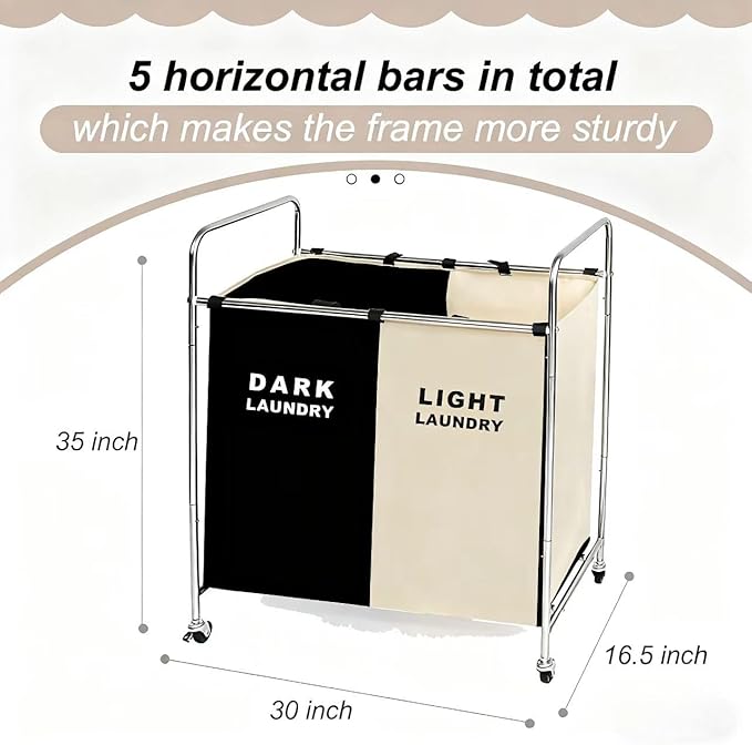 Double Compartment Rolling Laundry Sorter Cart with Wheels, Dark and Light Separation Hamper, Chrome Frame, Mobile Clothes Storage Organizer(Black+white, 2 Sections)