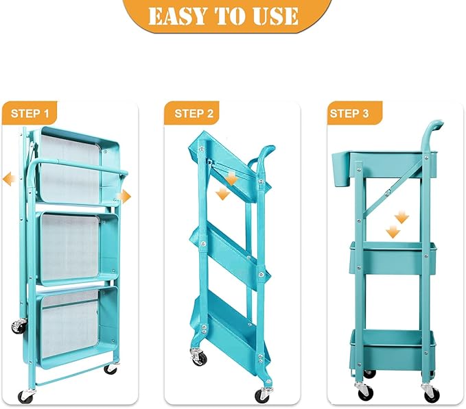 Foldable Utility Rolling Cart with Wheels No Assembly 3 Tier Metal Rolling Cart with Cup and Hooks Heavy Duty Mesh Storage Baskets Rack Folding Shelves for Kitchen,Office,Classroom, Bathroom(Teal)