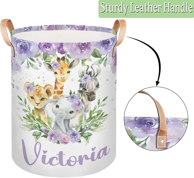 Personalized Laundry Basket, Custom Gift Laundry Hamper, Collapsible Nursery Waterproof Laundry Baskets, Dirty Clothes Toy Hamper with Handles Jungle Animal Purple Floral