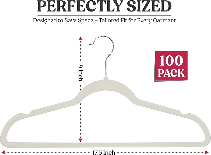 LDC White Velvet Hangers 100 Pack - Premium Non-Slip Clothes Coat Pants Felt Hanger for Closet - Heavy Duty Space Saving 360° Swivel Hook Hangars – White