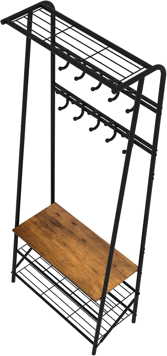 4-in-1 Entryway Organizer with 10 Double Row Hooks, Coat Rack and Shoe Storage Bench, Sturdy Metal Frame, Space-Saving Design for Living Room or Foyer, Rustic, 25.2" D x 11.4" W x 70" H