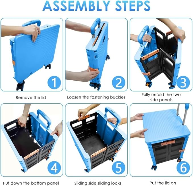 Foldable Utility Cart Folding Portable Rolling Crate Handcart Shopping Trolley Wheel Box with Lid Wear-Resistant Noiseless 360°Rotate Wheel for Travel Shopping Moving Storage Office Use (Sky Blue)