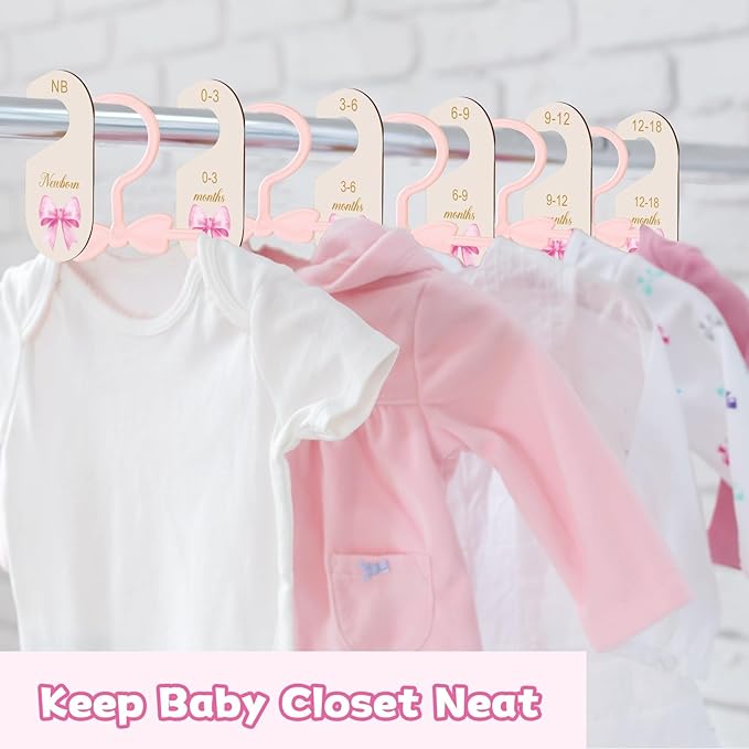 20 Pack Baby Clothes Hangers with 8Pcs Baby Closet Dividers and 8Pcs Clips, Non-Slip Toddler Clothing Hanger with Dividers for Sorting, Nursery Closet Organizer for Newborn Kids Boys Girls (Pink Bow)