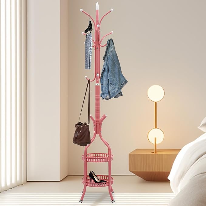 Coat Rack Freestanding,72.8in High Metal Coat Tree with 15 Hooks and Storage Shelves for Entryway Living Room Bedroom Office Use(Pink)