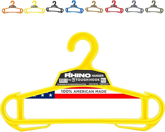Rhino Tough Hook Heavy Duty Clothes Hangers – USA-Made Military Grade Coat Hanger for Body Armor – 200-lb Capacity Suit Hangers – The Everyday for Everything, The Indestructible Hanger, 1 Yellow