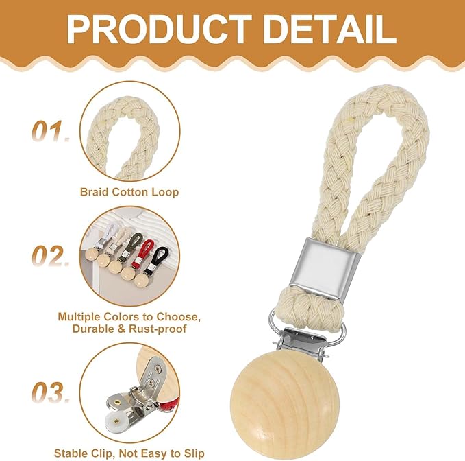 uxcell 5 Pcs Tea Towel Clips with Cotton Loop for Hanging, 4.3 Inch Metal Towel Hooks Multipurpose Cloth Hangers for Home Kitchen Bathroom, Beige(Wooden)