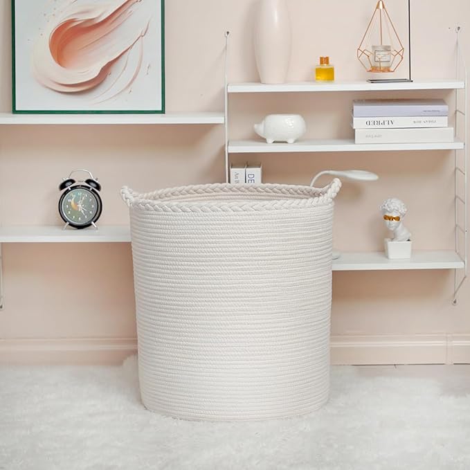 90L Oversize Woven Laundry Basket,Cotton Tall Laundry Hamper for Blankets,Clothes,Pillows,Toys,Shoes Large Laundry Bin White