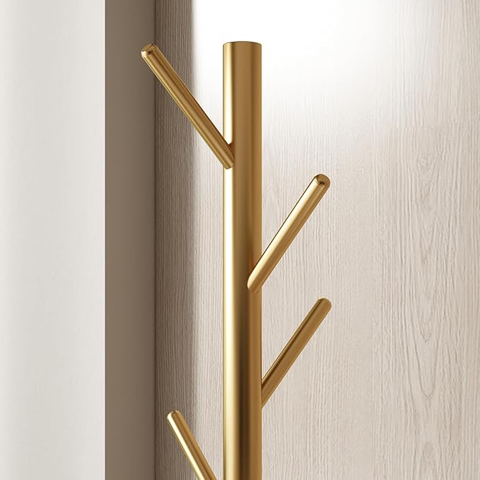 Coat Rack Freestanding Metal Coat Rack Stand with 8 Hooks Sturdy Heavy Duty Modern Coats Tree for Bags Clothes Hall Tree Hats Hanger Holder Stand for Entryway Bedroom Hallway Office, Gold