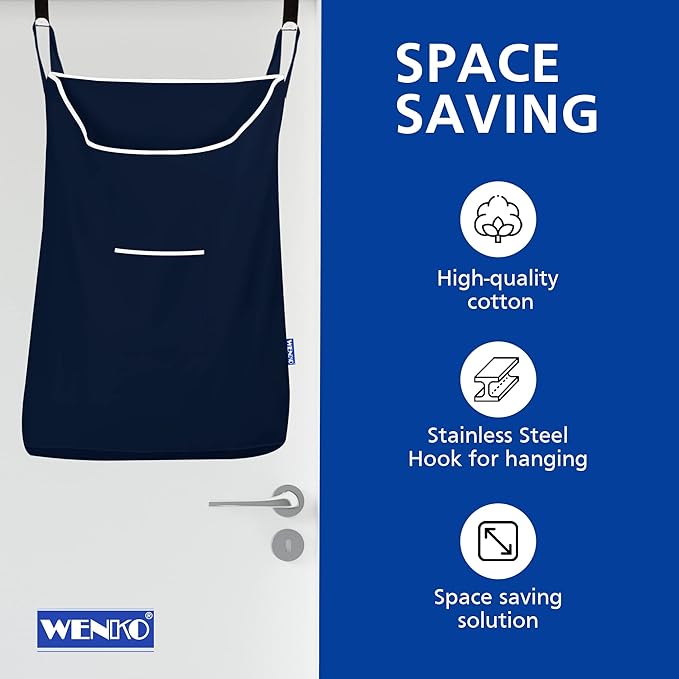 WENKO Laundry Hamper Bag Hanging, Over The Door Basket with Hooks, for Bathroom, Closet, Space Saving Storage, Wall mounted 3.94 x 20.47 x 31.89 in, Navy