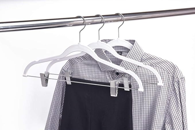 Quality Plastic Non Velvet Non-Flocked Thin Compact Coat Hangers with Metal Clips for Skirts Pants Blouses 360° Swivel Hook (White, 20)