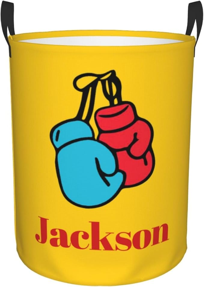 Personalized Laundry Basket for Nursery, Custom Nursery Laundry Hamper with Name, Customize Baby Clothes Circular Hamper for Boys Girls Room Decor, Fighting Gloves