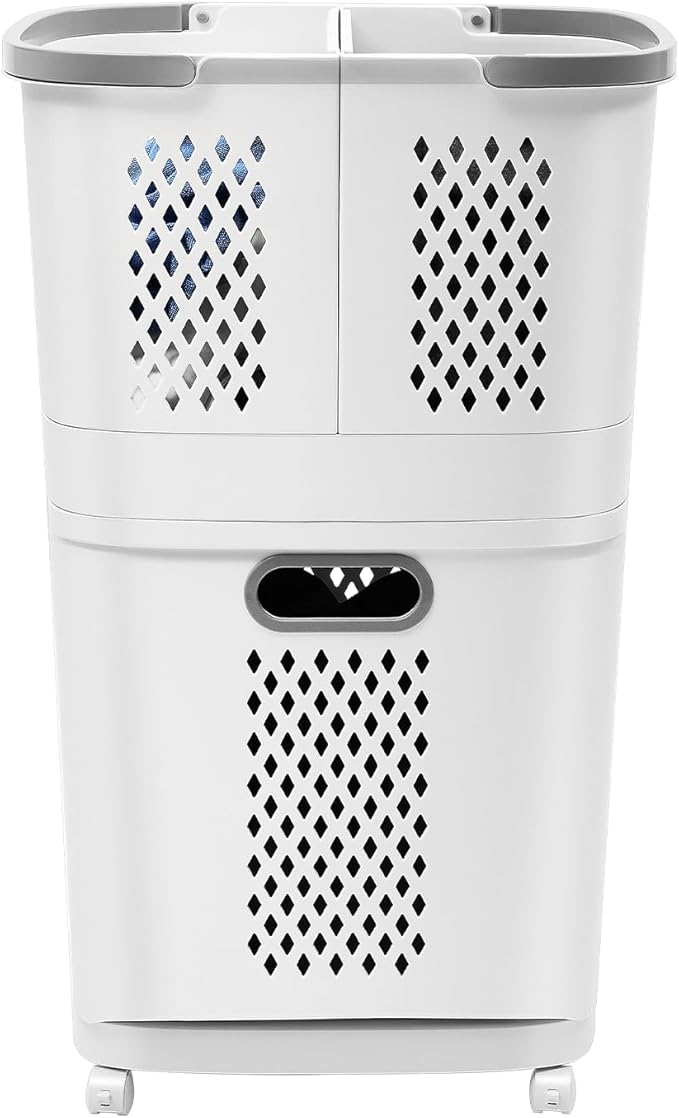 Rolling Laundry Cart, 2-Tier Laundry Hamper with Wheels, White 3 Storage Baskets Breathable Dirty Clothes Basket for Bathroom, Bedroom, Laundry Room
