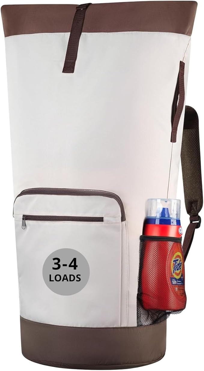 Laundry Backpack - XL Heavy Duty Laundry Bag Holds 3-4 Loads - Adjustable Straps, Drawstring Closure, Pockets & Handles - Durable Hamper for College, Travel & Laundromat - Beige