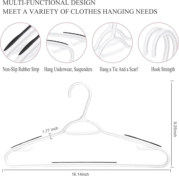 Plastic Hangers 50 Pack - Non Slip Clothes Hangers,Holds up to 18 lbs, Slim Space Saving Hangers for Suit,Dress,t Shirts,Blouse,Coats, Pants (White)