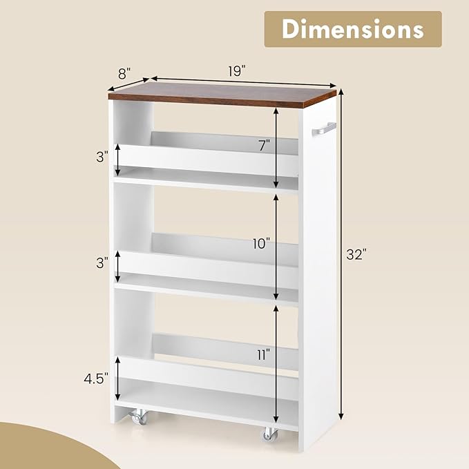 Slim Storage Rolling Cart, 4-Tier Side Out Shelving Unit with Handle, Mobile Organizer Utility Cart on Wheels for Laundry, Bathroom, Office, Kitchen, Narrow Places (White & Brown, Extra Width)