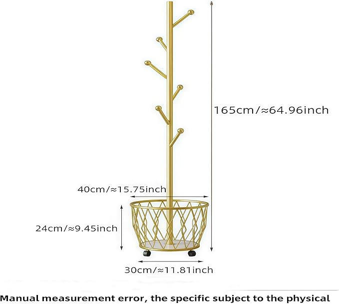 Freestanding Metal Coat Rack Stand with Basket Modern Organizer for Scarf Jacket Hat Bags Ideal for Home Entryway Bedroom Corner Stable and Moveable tree (gold)