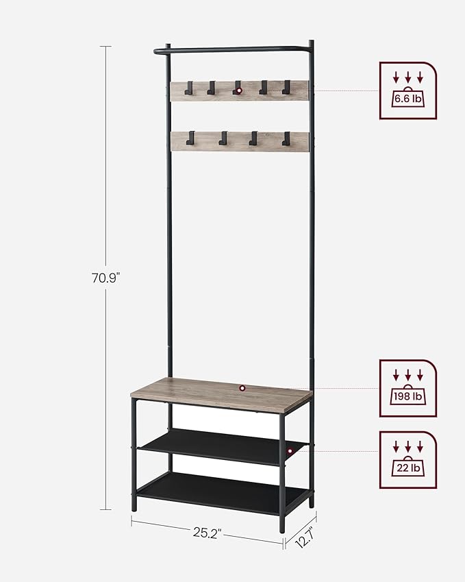 VASAGLE Hall Tree with Bench and Shoe Storage, Entryway Bench with Coat Rack Stand and Shoe Rack, 9 Movable Hooks, Top Bar, Fabric Shelves, Industrial, Greige and Black UHSR411B02