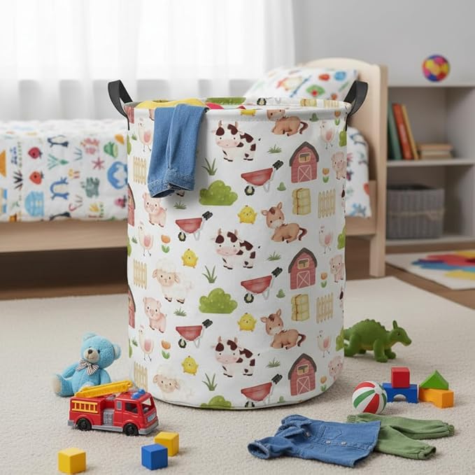 Baby Laundry Hamper kids laundry Basket Waterproof Storage Bin for Bedroom Toy Clothes Organizer Basket Woodland Animals Room Décor(Cute Farm)