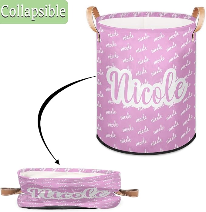 Custom Name Laundry-Hamper, Personalized Pink Kids-Clothes-Hamper Foldable with Name, Customized Storage Basket with Handles Waterproof Gift for Boys Girls Baby Women