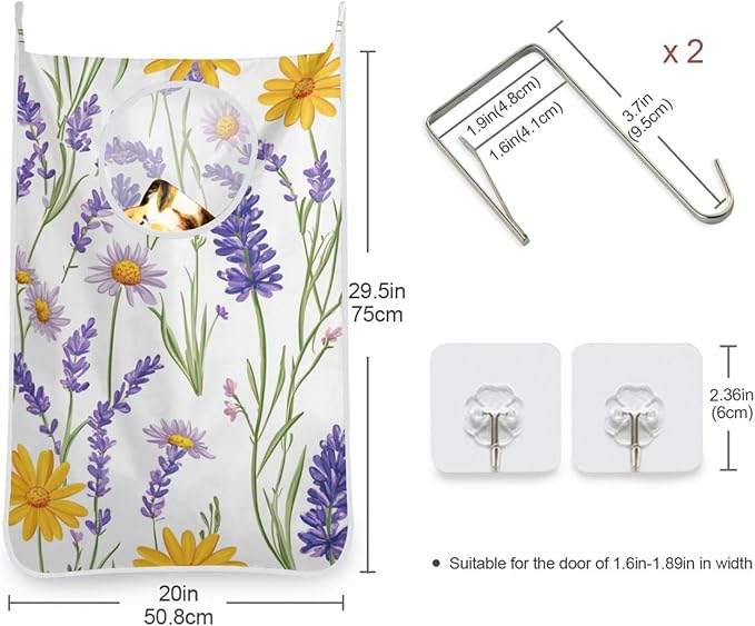 Hanging Laundry Hamper Over the Door with Stainless Steel Hooks Rack Dirty Clothes Wall Mounted Hamper Basket Bag 29.5X20inch Cornflower and Lavender