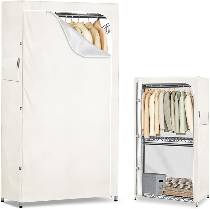 Garment Rack Cover,Heavy Duty 600D Dustproof Waterproof Clothing Rack Cover with Zipper - Clothing Rack Covers for 47.2"W x 17.7"D x 80.7"H Metal Racks,White （Cover Only)