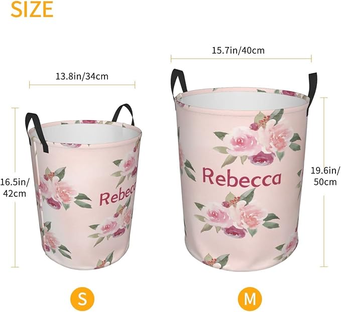 Pink Floral Pattern Customized Laundry Basket with Name Collapsible Waterproof Organizer Bin Laundry Hamper with Handle for Clothes Toys Bedroom.
