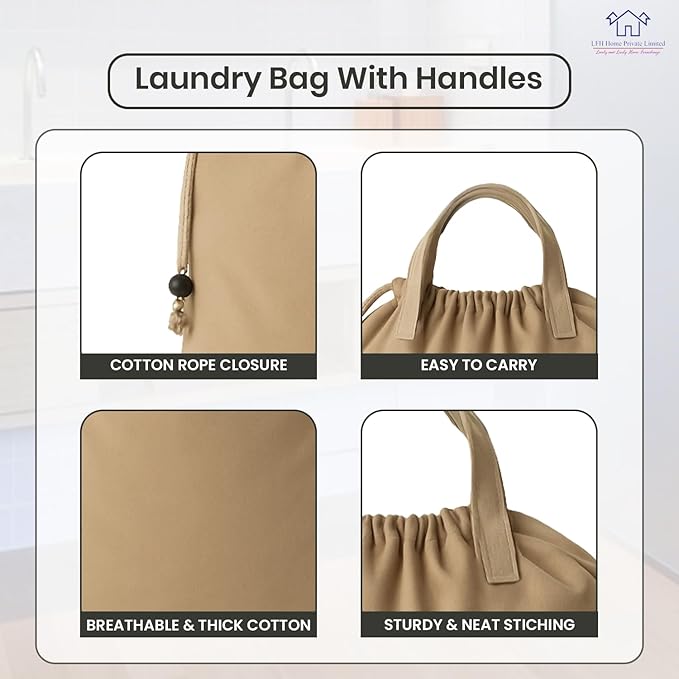 LFH Home Large Premium Cotton Canvas Laundry Bag with Drawstring and Handles Heavy Duty, Multi-Use, and Washable for Home, Travel, College or Storage 28x40 (Pack of 4)-Beige