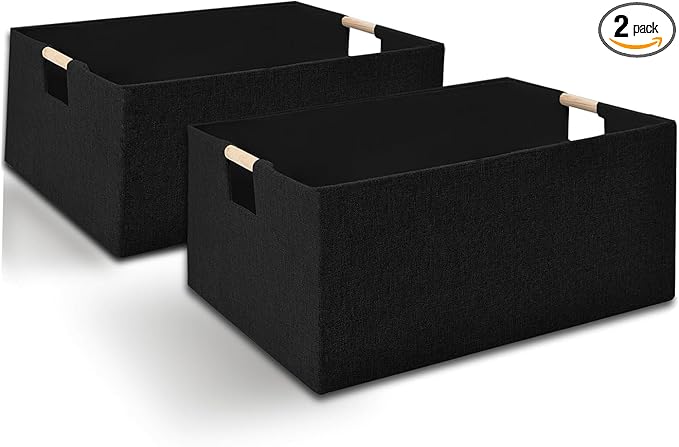 Fabric Storage Basket for Shelves, Collapsible Storage Bins with wood Handles, Rectangle Closet Baskets, Wardrobe Organiser, for Sorting Clothes, Family Items (Black) (2)