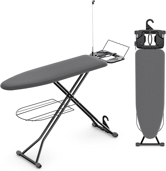 KINGBOARD Ironing Board, Compact Iron Board Full Size with Extra Thick Cover, 7 Adjustable Heights Stand with Hanger and Iron Rest, Large Heavy Duty Ironing Board with Storage Tray, 13x43 Black