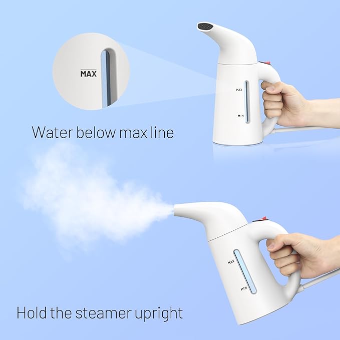 Handheld Garment Steamer for Clothes, Portable Clothes Steamer Remove Wrinkle, 230ml Capacity, Ideal for ALL Fabrics, 12 minutes Continuous Steam, One button Design, Easy to Use, mini, White