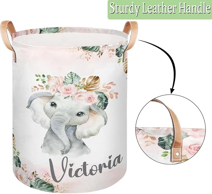 Personalized Laundry Basket, Custom Gift Laundry Hamper, Collapsible Nursery Waterproof Laundry Baskets, Dirty Clothes Toy Hamper with Handles Tropical Elephant Pink