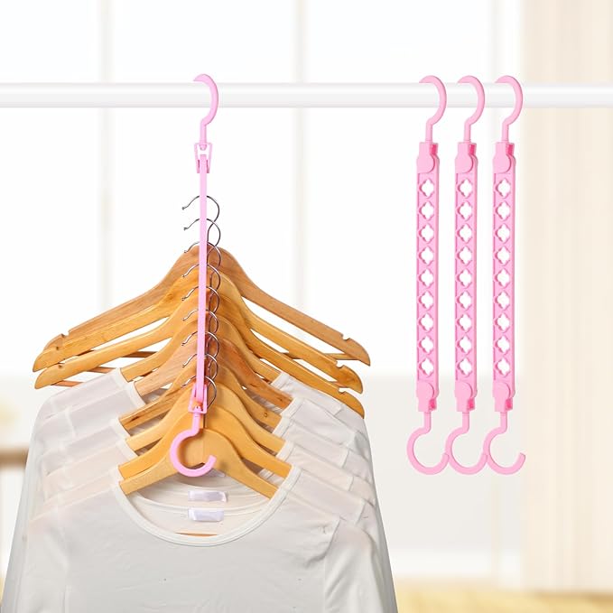 SLMT Magic Hangers Connectors 10 Pack Space Saving Closet Organizers College Dorm Room Essentials Space Saver Cascading Hangers with 9 Holes (Pink)