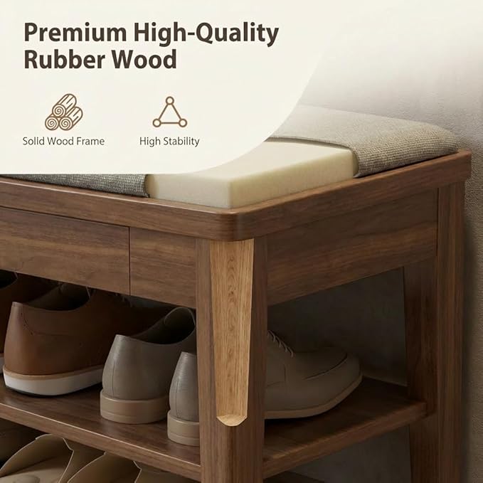 Small Shoe Bench with Storage, Wooden Shoe Storage Bench with Cushion&Hidden Drawer, 2-Tier Shoe Rack Bench for Entryway, Mudroom, Hallway