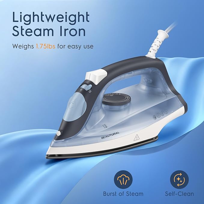 BEAUTURAL Compact Steam Iron for Clothes, Non-Stick Soleplate, Burst of Steam, Spray Mist, Self-Cleaning, Anti-Calcium, Anti-Drip, Easy Temperature Control, Light Weight, 1200 Watts
