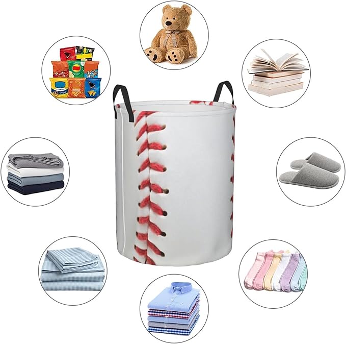 Dujiea Baseball Laundry Basket Round with Handle, Collapsible Foldable Canvas Storage Bin Dirty Clothes Bag for Laundry/Toys Organizer/College Dorm/Nursery/Decor(2 Sizes)